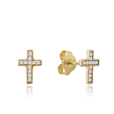 MINET Zlaté náušnice křížky s bílými zirkony JMG0190WGE00