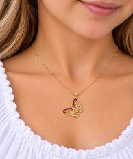 Zlatý přívěsek motýl s růžovými a čirými zirkony KLOP-110