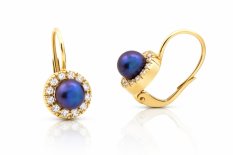 Zlaté náušnice s perlou zdobené zirkony HELN-350