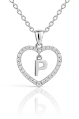MINET Stříbrný náhrdelník písmeno v srdíčku "P" se zirkony JMAS900PSN45