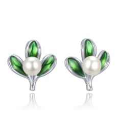 MINET Vánoční stříbrné náušnice jmelí s perlami JMAS8063SE00