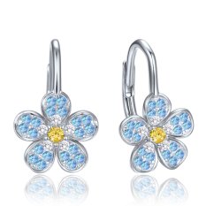 MINET Dívčí stříbrné náušnice kytička s modrými, bílými a žlutými zirkony JMAD0067AE00