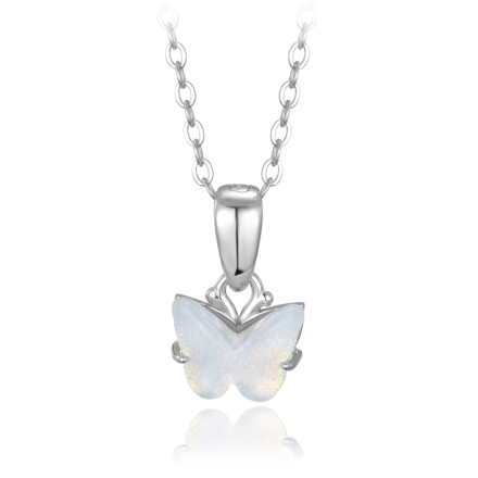 MINET Třpytivý stříbrný náhrdelník bílý motýlek JMAD0050WN38
