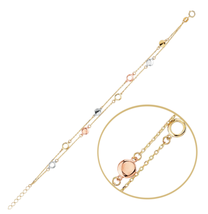 MINET Elegantní zlatý náramek s trojbarevnými kroužky JMG0059WTB18