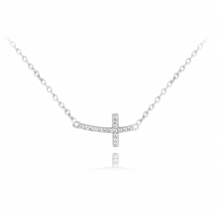 MINET Stříbrný náhrdelník drobný ležatý KŘÍŽEK se zirkony JMAS0130SN45