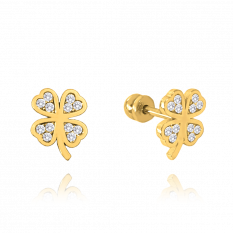 MINET Zlaté náušnice čtyřlístky na šroubek s bílými zirkony JMG0078WGE00