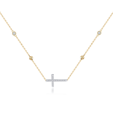 MINET Zlatý náhrdelník křížek s bílými zirkony a kuličkami JMG0085WGN45