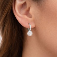 Elegantní náušnice z bílého zlata s kultivovanou perlou a zirkony HELN-230B