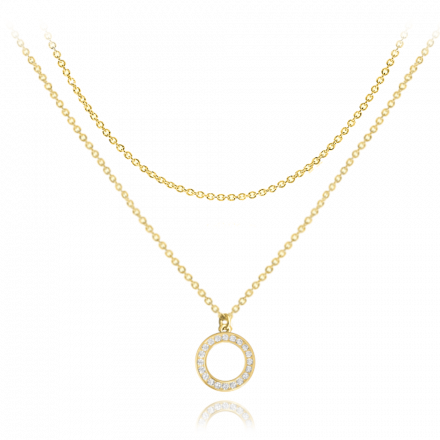 MINET Pozlacený dvojitý stříbrný náhrdelník KROUŽEK s bílými zirkony JMAS0194GN45