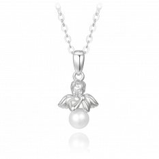 MINET Stříbrný náhrdelník ANDĚL s perlou JMAS7044SN38