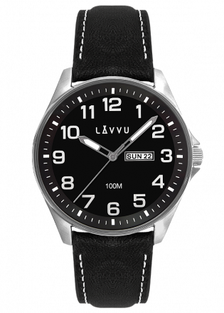 Ocelové pánské hodinky LAVVU BERGEN Black / Top Grain Leather se svítícími čísly LWM0145