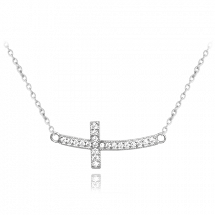 Stříbrný náhrdelník MINET ležatý křížek se zirkony JMAN0244SN45