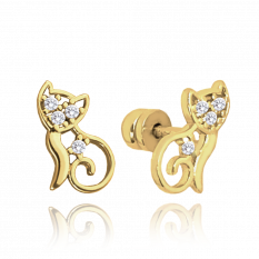 MINET Zlaté náušnice kočky na šroubek s bílými zirkony JMG0106WGE00
