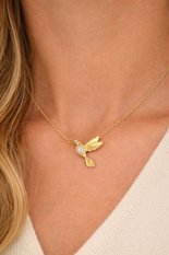 MINET Zlatý náhrdelník s kolibříkem a bílým zirkonem JMG0325WGN45