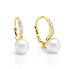 Elegantní zlaté náušnice s kultivovanou perlou a zirkony HELN-225