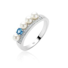 Stříbrný prsten s perlami a modrým zirkonem 0235520/58