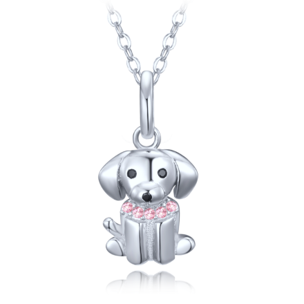 MINET Stříbrný náhrdelník pejsek s růžové a černými zirkony JMAD0057PN38