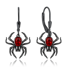 MINET Moderní stříbrné černé náušnice pavouci s červenými zirkony JMAS0306BE00
