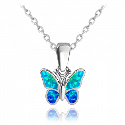 MINET Třpytivý stříbrný náhrdelník MOTÝLEK s modrým opálem JMAD0040AN38