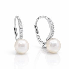 Elegantní náušnice z bílého zlata s kultivovanou perlou a zirkony HELN-230B