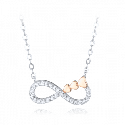 MINET Stříbrný náhrdelník nekonečno s rose gold srdíčky a bílými zirkony JMAN0528RN45