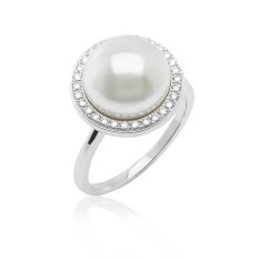 Stříbrný prsten s velkou perlou a zirkony 027119/57