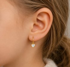 MINET Dětské zlaté náušnice s předním zapínáním srdíčka s bílými zirkony JMG0237WGE01
