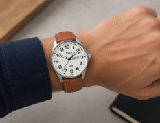 LAVVU Ocelové pánské hodinky BERGEN White / Top Grain Leather se svítícím číselníkem LWM0148