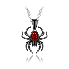 MINET Moderní stříbrný černý náhrdelník pavouk s červeným zirkonem JMAS0306BN45
