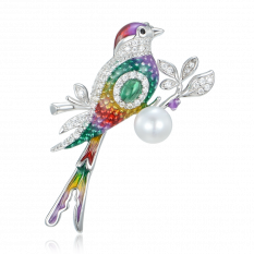 MINET Stříbrná brož barevný ptáček s přírodní perlou JMAN0539SZ00