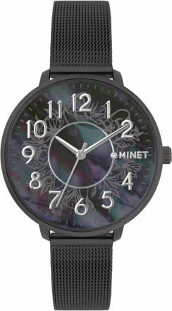 Černé dámské hodinky MINET PRAGUE Black Flower MESH s čísly MWL5173