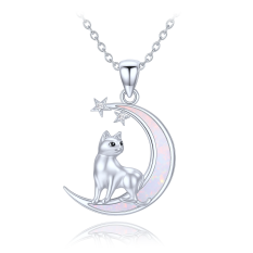MINET Stříbrný náhrdelník kočka na měsíci s bílými a černými zirkony a bílým opálem JMAN0666WN45
