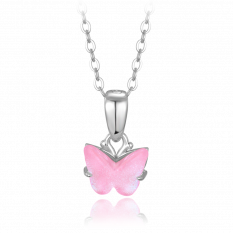 MINET Třpytivý stříbrný náhrdelník růžový motýlek JMAD0050PN38