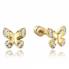 MINET Zlaté náušnice na šroubek motýlek s bílými zirkony JMG0148WGE00