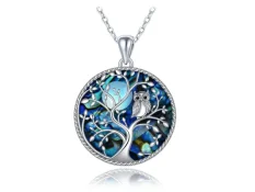 MINET Stříbrný náhrdelník strom života se sovou s černými zirkony a perletí JMAN5026SN45