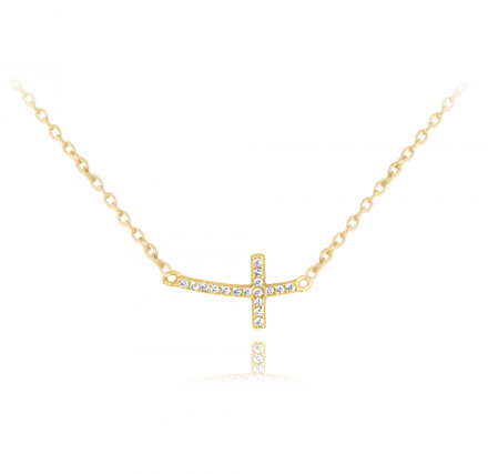 MINET Pozlacený stříbrný náhrdelník drobný ležatý KŘÍŽEK se zirkony JMAS0130GN45