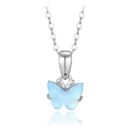 MINET Třpytivý stříbrný náhrdelník modrý motýlek JMAD0050AN38